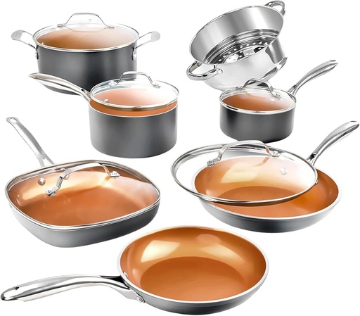 [BRSWYAT5O4NBUDTH] Gotham Steel 12 Pc Ceramic Cookware Set Nonstick, Ceramic Pots and Pans Set Non Stick with Steamer for Cooking, Non Toxic PFOA PFOS Free, Ergonomic Stay Cool Handles, Oven & Dishwasher Safe, Copper