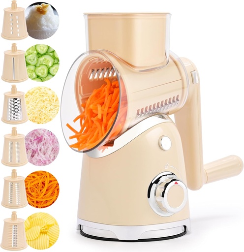[BRSRAAAKDICQGAA4] SUSTEAS Rotary Cheese Grater with Handle, Vegetable Slicer, 6 Interchangeable Blades, Reinforced Suction, Easy to Clean, Kitchen Shredder for Crushed Ice, Fruits, Nuts with Blade Storage Case, Beige