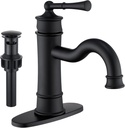 NAUKWAN Roman Bathroom Sink Faucet, Matte Black Single Handle 1 or 3 Hole Vanity Basin Faucets with Deck Plate, Vintage Long Arc Spout Solid Brass Faucet for Sink with Pop-up Drain Assembly NL-2201BK