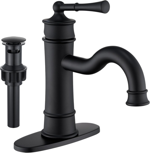 [BRSROZI6OUFQIYDH] NAUKWAN Roman Bathroom Sink Faucet, Matte Black Single Handle 1 or 3 Hole Vanity Basin Faucets with Deck Plate, Vintage Long Arc Spout Solid Brass Faucet for Sink with Pop-up Drain Assembly NL-2201BK