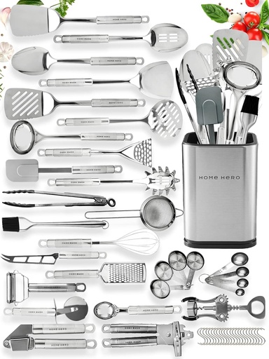 [BRSWGZILAR6QAYDO] Home Hero 54-Piece Stainless Steel Kitchen Utensils Set - Heat-Resistant Nonstick Silicone & Stainless Steel Cooking Utensils - Complete Tools with Slotted Spoon & Pasta Spoon - Pack of 54, Silver