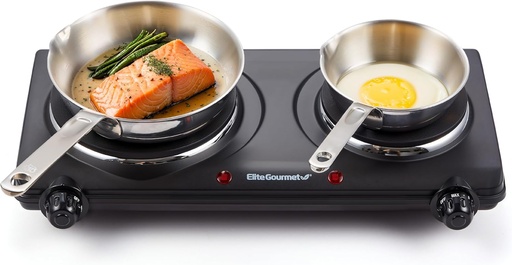 [BRSW2AAROEPBGHI6] Elite Gourmet EDB-302BF# Countertop Double Cast Iron Burner, 1500 Watts Electric Hot Plate, Temperature Controls, Power Indicator Lights, Easy to Clean, Black
