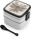POTSCBVW Hand Drawn Floral Dragonfly Bento Box, Reusable Double Layer Lunch Box with Handle & Dividers, 1000ml Leakproof Lunch Container for Office, Picnic, Travel