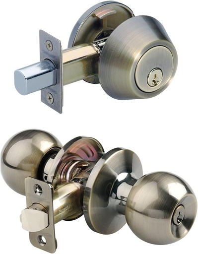 [BRSWGZYLBB7GYADP] Single Cylinder Deadbolt Entrance Entry Door Knob Lock Combo Set Bronze