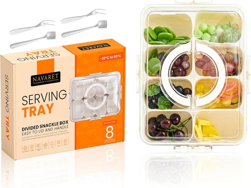[BRSRAFTQCMPGGF3K] Snackle Box Container and Snacklebox for Picnic essentials - Divided Serving Tray with Lid and Handle - Snack Container, Veggie Tray, Fruit Platter, Charcoolerie - Beach essentials Snack Tray (8 Cpts)