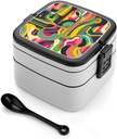 OURTEV Bento Lunch Box for Women Lunch Containers for Adults Pop Style Images Double Layered Lunchbox Large Capacity Bento Box with Cutlery for Work Picnic Camping Travel