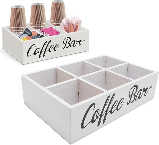 [BRSREAD4PMFRQCTZ] Mumusuki Coffee Station Organizer, Platane Wood Countertop Accessories Organizer with Dividers for Pods Condiment Syrup Tea Cups Stirrers, for Farmhouse Coffee Bar Decor (White)