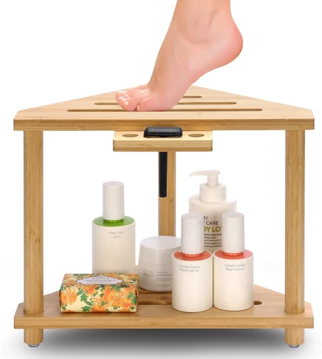 [BRSREHQRCQPQMFD4] Zinovo Bamboo Corner Shower Seat, Waterproof Shower Chair for Inside Shower, Shower Bench Corner with Storage Shelf for Shaving Legs for Small Space, Shower Stool for Bathroom, Indoor/Outdoor Use