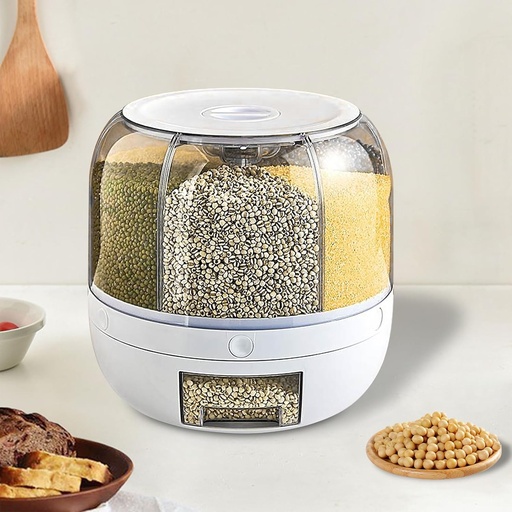 [BRSREFIDPMBQKA3U] 360° Rotating Grain Storage Container – Large Rice Dispenser with One-Click Output, Multi-Compartment Kitchen Organizer for Small Grains, Beans, Flour (Airtight & Stackable)
