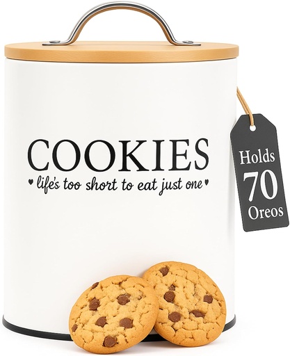 [BRSWGAIEDMHRSGT6] D'Lifeful Cookie Jar with Airtight Bamboo Lid – 0.6 Gallon Cute and Decorative Cookie Storage for Kitchen Countertop – Farmhouse Storage Tin for Freshness – Great Gift Idea