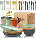 36Pcs Wheat Straw Plates and Bowls Sets, Wheat Straw Dinnerware Sets for 6 with Plates, Cups, Knives, Forks and Spoons Reusable Plates Set Dishes Set Dishwasher and Microwave Safe