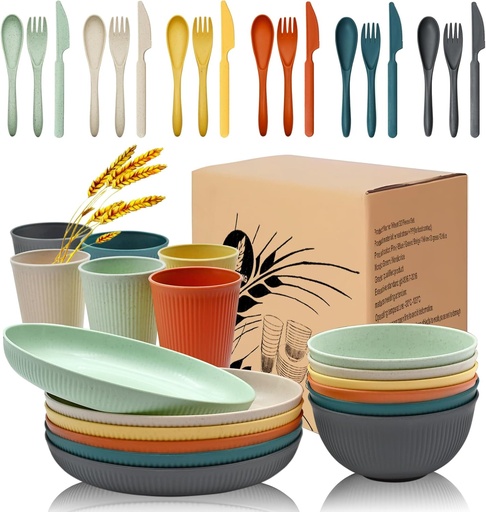 [BRSRAY36BEOR6E3B] 36Pcs Wheat Straw Plates and Bowls Sets, Wheat Straw Dinnerware Sets for 6 with Plates, Cups, Knives, Forks and Spoons Reusable Plates Set Dishes Set Dishwasher and Microwave Safe