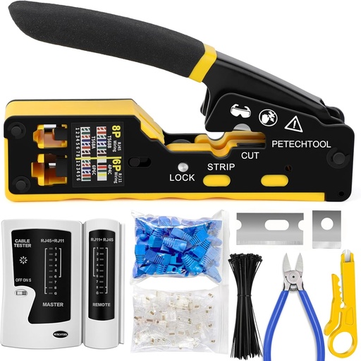 [BRSROZL2AV7G22DH] PETECHTOOL RJ45 Crimp Tool Pass Through Ethernet Crimping Tool Kit Cat6 Cat5e Cat6a RJ45 Crimper with Cable Tester, Cat6 Connectors with RJ45 Boot Covers, Mini Stripper, Blades and Cable Ties