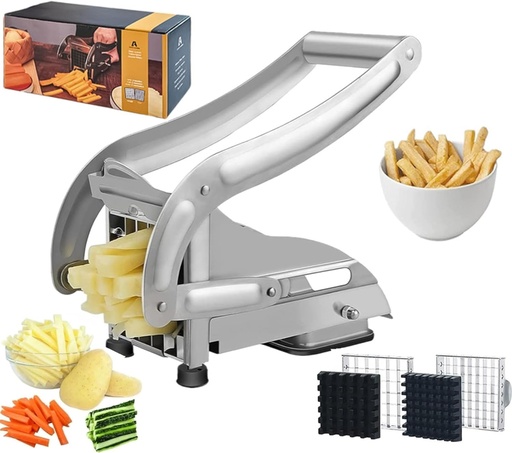 [BRSW2GITCACQOFLH] French Fry Cutter, Stainless Steel Potato Cutter, Potato Slicer, Includes 2 Blade Size Cutter Options and No-Slip Suction Base, Perfect for use with Air Fryer