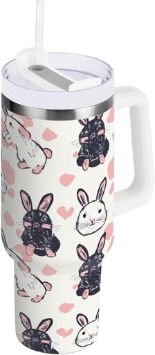 [BRSREGQBOZ4BGD33] Blueangle 40oz Insulated Tumbler with Handle & Straw Lid - Leakproof Stainless Steel Travel Mug, Double-Wall Vacuum Pink Bunny Pattern Water Bottle（26）