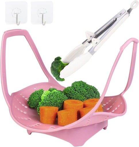 [BRSREEIRCMJQ2G35] Silicone Steamer Basket for Pots & Pressure Cookers - Universal Vegetable Steamer for Cooking, Fits Air Fryers | Bonus Heat-Resistant Handles, Silicone Tongs & 2 Storage Hooks