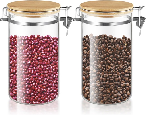 [BRSREZD6OENA423V] Set Of 2 Glass Jar With Bamboo Lids Empty Food Storage Jars With Locking Clamp Kitchen Canisters Glass Sealed Jar Container For Coffee Beans Sugar Tea Spices And More (1250ml/41.7oz)