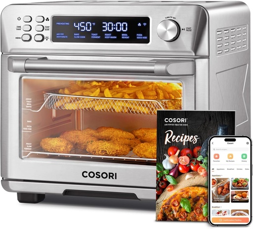 [BRSRMFIEO4BQ2YDK] COSORI Smart 12-in-1 Air Fryer Toaster Oven Combo, Airfryer Convection Oven Countertop, Bake, Roast, Reheat, Broiler, Dehydrate, 75 Recipes & 3 Accessories, 26QT, Silver-Stainless Steel