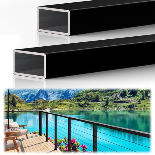 [BRSREEDRDF5WO2TA] 2 Pack 12FTx 2-3/8"x1-3/16 Aluminum Black Handrail with Self Drilling Screws Nylon End Caps, 5 Year Outdoor No Fading, 3mm Thick Flat Handrail Cuttable Top Rail for Deck Stair Railing Indoor Outdoor