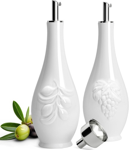 [BRSW2EA7B56GA3DX] HOMBENE Porcelain Oil and Vinegar Dispenser Set, 11 oz Olive Oil Dispenser Bottle for Kitchen, Ceramic Cooking Oil Container, Oil Cruet w/Funnel, Dripless Spout, 300ml, 2 Pack