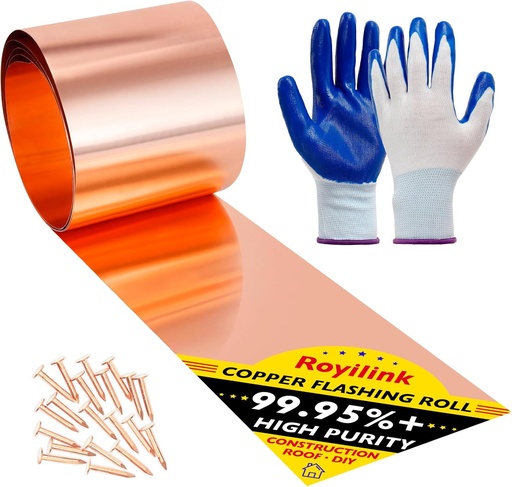 [BRSRAFI5CMCQKC3U] Royilink Copper Flashing Roll - 26 Gauge (0.016'/0.4mm) Thickness, 6in x 10ft, ASTM B152 99.95%+ Pure Copper, Roofing & DIY Project