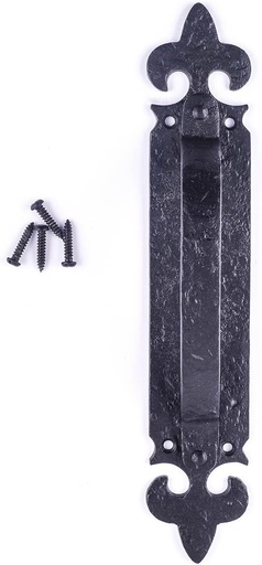[BRSWG2T6PMIGGELJ] Renovators Supply Manufacturing Decorative Large Door Handle 10.5 Inch Use for Push Pull Or Slide Doors in Wrought Iron Antique Colonial Forged Design in Black Fleur De Lis Includes Mounting Hardware