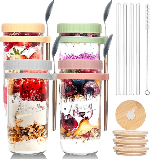 [BRSRAZ3QO54B63TD] ANOTION Overnight Oats Containers with Lids and Spoons - 4 Pack Mason Jars 24 oz with Lids and Straws - Airtight Glass Meal Prep Containers for Oats Overnight, To Go Yogurt Oatmeal Cereal Pudding Cups