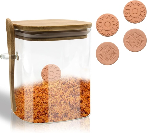 [BRSRACD7BENWE2TZ] Brown Sugar Keeper Container, Glass Food Container with 4 Terra Cotta Brown Sugar Savers, Glass Container Lid and Spoon for Coffee/Nuts/Cookie/Candy/Tea/Airtight Kitchen Canisters Spice (850ml)