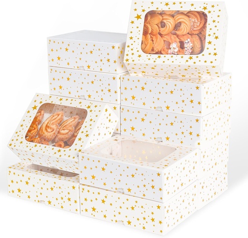 [BRSRAFIODJYBQ3TA] YEKTFS 12pcs Cookie Boxes with Window, 8.25x6x2.75in White Treat Boxes with Window Gold Foil Star Bakery Cake Boxes for Christmas Gift Giving Pastry Dessert Cupcakes Candy Donut Packaging
