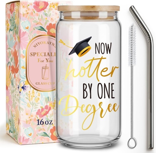 [BRSREGA2AB6BAALB] 2025 Funny Drinking Glass Cup Graduation Gifts for Women Men Her Him,Now Hotter By One Degree,Gag Birthday Graduation Cups Gift for Bechelor Master Phd,Ice Coffee Glass Tumbler with Lid and Straw -3