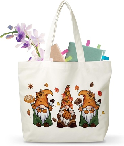 [BRSREGAQBV4A22TP] MVZX Fall Gnomes Canvas Tote Bag, Thanksgiving Shoulder Bag, Autumn Leaves Pumpkin Canvas Reusable Grocery Shopping Bag, Birthday Thanksgiving Day Gifts For Women, A68
