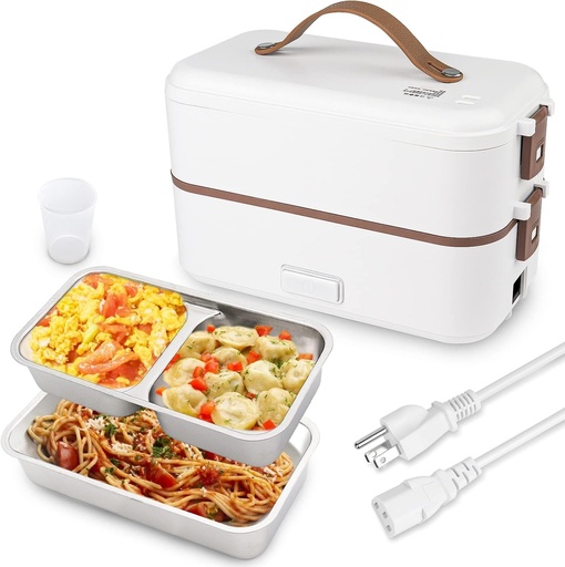 [BRSWYFIKAF6RQF33] CTSZOOM Self Cooking Electric Lunch Box, Portable Food Warmer for On-the-Go,Mini Rice Cooker 2 Layers 800ML Heated Lunch Box for Home Office Cook Food White