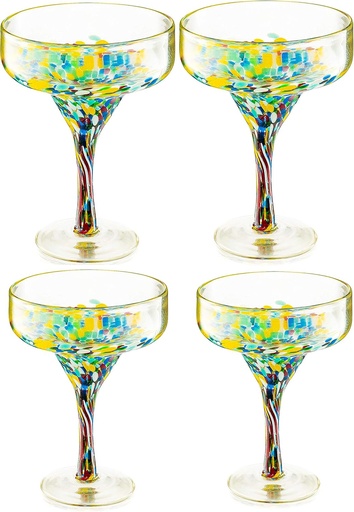 [BRSWYGDYOQJWEHLO] Margarita Glasses – Set of 4 - Luxury Hand Blown Confetti Margaritas, Cocktails, Water, Wine, Dessert, Martini & Champagne Cinco de Mayo, Hand Blown - Mexican Confetti Design Glass, Party, Home & Bar