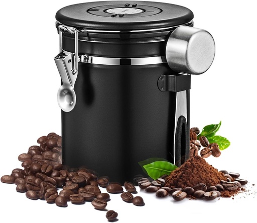 [BRSRAFA6BMHQID3G] LAMLENT Airtight Coffee Container with Date Tracker & Spoon - Kitchen Storage Jar for Coffee Grounds, Cereal, Beans, Sugar (Black, 16OZ)