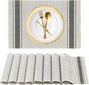 Placemats Set of 8 Heat Resistant Woven Place Mats for Kitchen Table Indoor/Outdoor Woven Vinyl Washable PlaceMat Wipeable Dining Table Mats (Set of 8, Black & Beige)