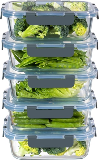 [BRSRAEAEOJ6AAGT3] MFY 5-Pack 36 OZ Glass Storage Containers with Lids, Glass Meal Prep Containers Set, Airtight Lunch Containers with Lids, Microwave, Oven, Freezer and Dishwasher Safe, Gray