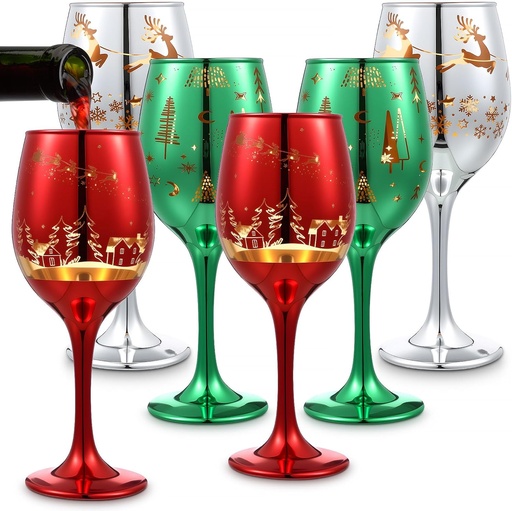 [BRSREGA3DEHAYCD7] Widecook 6 Pcs Christmas Stemmed Wine Glasses 11 oz Holiday Red Green Silver Etched Glassware Christmas Tree Wine Goblets Festive Glass Drinkware Cups Gift for Xmas Winter New Years Eve Party