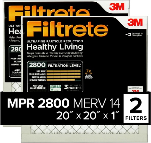 [BRSWIBQ4A4AQECLY] Filtrete 20x20x1 Air Filter, MPR 2800, MERV 14, Healthy Living Ultrafine Particle Reduction 3-Month Pleated 1-Inch Air Filters, 2 Filters