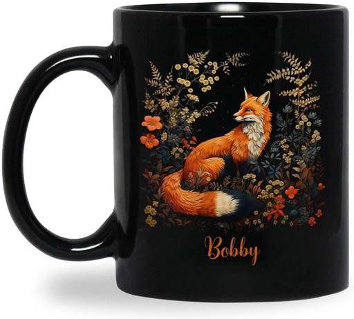 [BRSROAI2BYFGM2YV] Personalized Fox In Garden Ceramic Cup, Fox Design Coffee Mug With Name, Gift For Wildlife And Nature Admirers, Customized Floral Fox Black Travel Mug For Men Women, Animal Lover Gift Idea