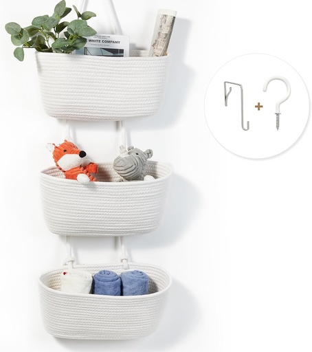 [BRSRAHYKCAFWC336] DULLEMELO Hanging Wall Baskets for Decor, 3-Tier Hanging Basket Organizer for Kitchen, White Woven Storage Basket with Door Hooks for Toy Storage