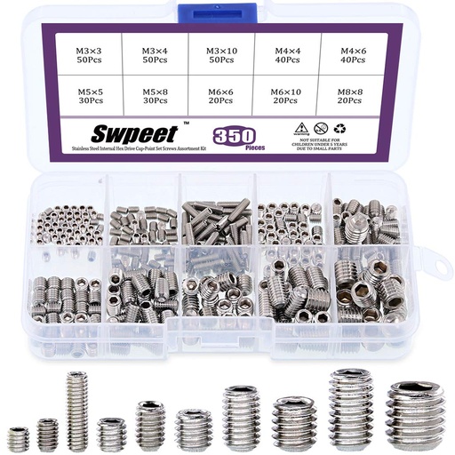 [BRSWGFDYBYDWO3LK] Swpeet 350 Pcs Stainless Steel Allen Head Socket Hex Grub Screw Assortment Kit, Including 10 Sizes M3/4/5/6/8 Stainless Steel Internal Hex Drive Cup-Point Set Screws for Door Handles