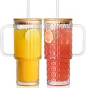 Cyrelwing 26oz Ribbed glass tumblers with bamboo lids and straws-drinking Glassware Set,Thickened Glass for Iced Coffee, Smoothies, Cocktails,Juices,tea