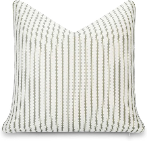 [BRSREFQCCR5A43T4] Crumbs Home Modern Farmhouse California Casual Indoor Outdoor Throw Pillow Cover, 22"x22" Water Repellent for Patio, Backyard, Couch, Poolside, Oliver Green Print Wave Stripes