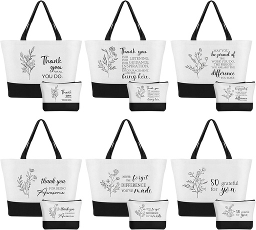 [BRSREGAYCEPRSGQ3] 12 Pcs Employee Appreciation Canvas Tote Bags for Women - Floral Thank You Canvas Gifts Bags with Zipper for Teacher Coworker Nurse Thanksgiving Christmas Grocery Bags (6 Large & 6 Small)