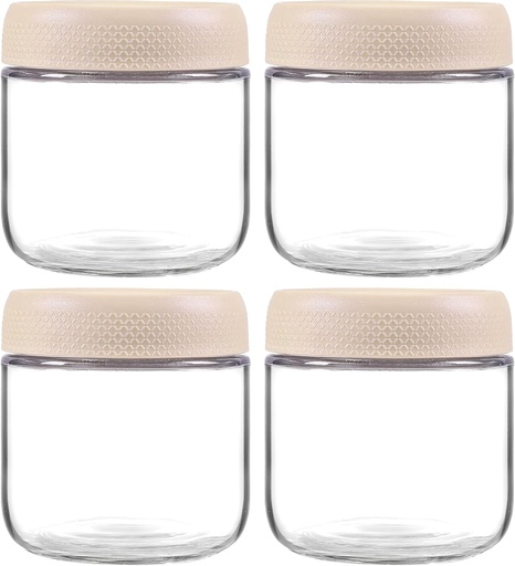 [BRSREYA5OEBWMGY4] MOLADRI 4 Pack Glass Clear Storage Canister with Airtight Lid, 12oz Overnight Oats Containers, Small Cute Decorative Pantry Jar for Snacks, Yogurt, Cereal, Fruit, Salad, Spice, Sugar, Coffee - Beige