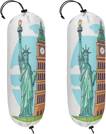 [BRSRAAD6PIBGMG3D] Cartoon Famous Landmarks Plastic Bag Holders Set of 2, Reusable Grocery Bag Storage Organizer Shopping Bag Holder Hanging Trash Bag for Home Kitchen Decor