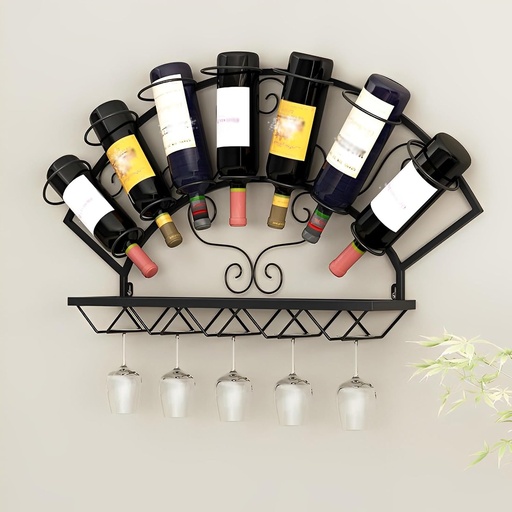 [BRSROCAHCJ6GG2D7] Vintage Wine Racks Wall Mounted Wine Bottle Stemware Holder, Wine Glass Hanging Rack for Home Kitchen Decor, Bar, Wine Cellar, Holds 7 Wine Bottles and 5 Wine Glasses, 86 * 40cm (Color : Black)