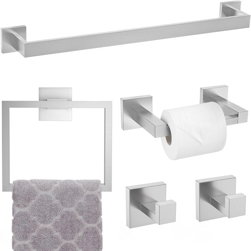 [BRSRAAL2C4JRM3LP] TNOMS Brushed Nickel Towel Bar Set,5-Piece Bathroom Hardware Set Includes Upgraded Double Base Paper Towel Holder Modern Square Towel Holder Set,Stainless Steel Wall Mount 23.6 Inch