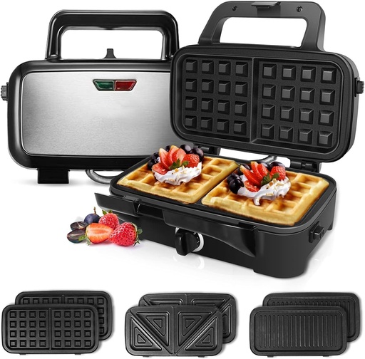 [BRSRAAQEBUCQYDLZ] Waffle Makers, 3-in-1 Waffle Iron Panini Press Sandwich Maker with Removable Plates, 5-gears Temperature Control Non Stick Coating Cool Touch Handle Anti-skid Feet for Breakfast 1200W 120V