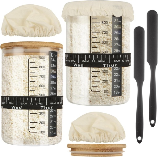 [BRSRAZT6OIHRE3A4] YAYODS 2 Pack Sourdough Starter Jar Kit 32oz Glass Bread Starter Jar with Date Marked Feeding Band, Thermometer, Spatula, Cloth Cover& Lid for Sour Dough Bread Loaf